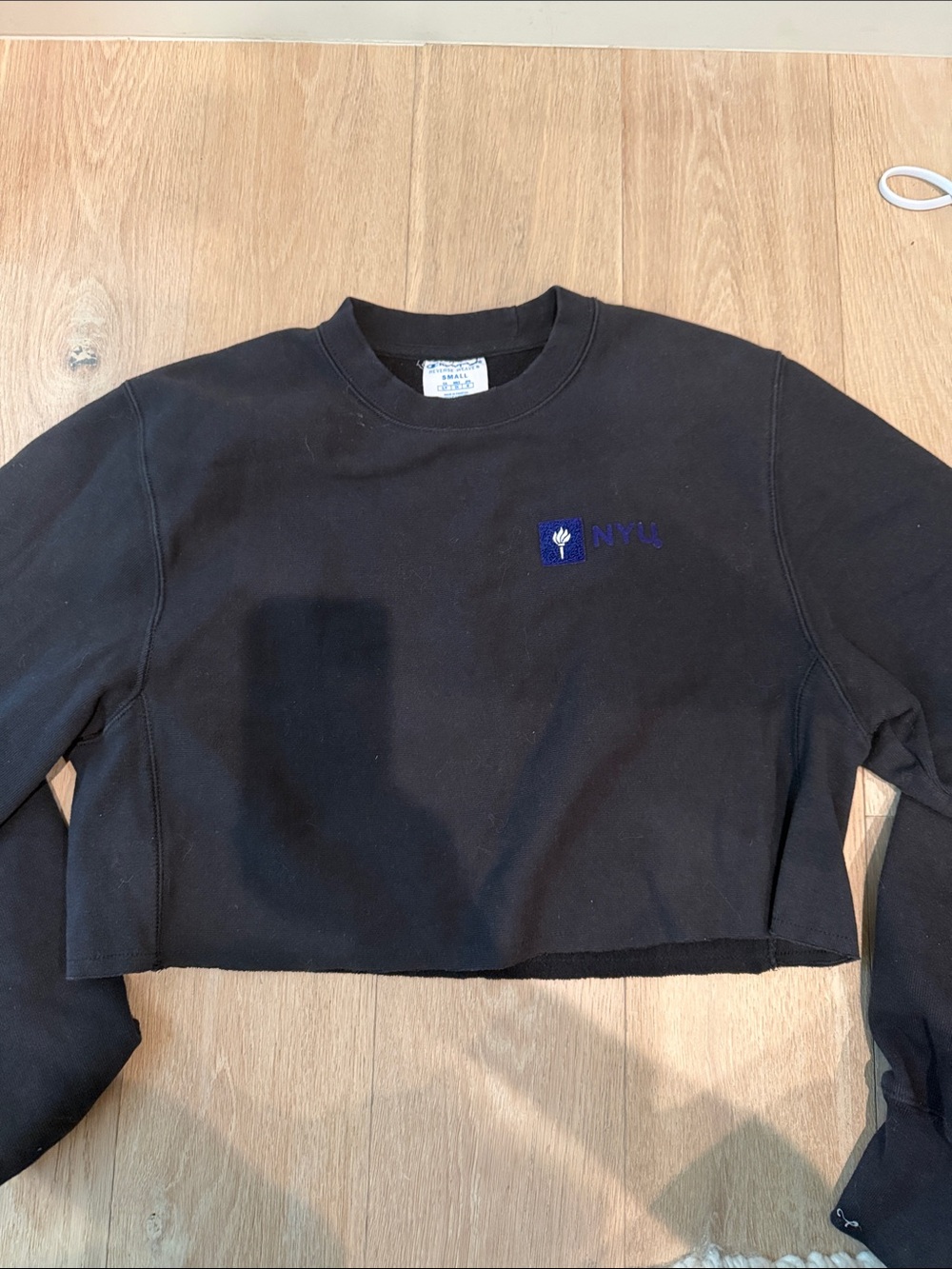 Champion Black Cropped Crewneck with Blue NYU Embroidery